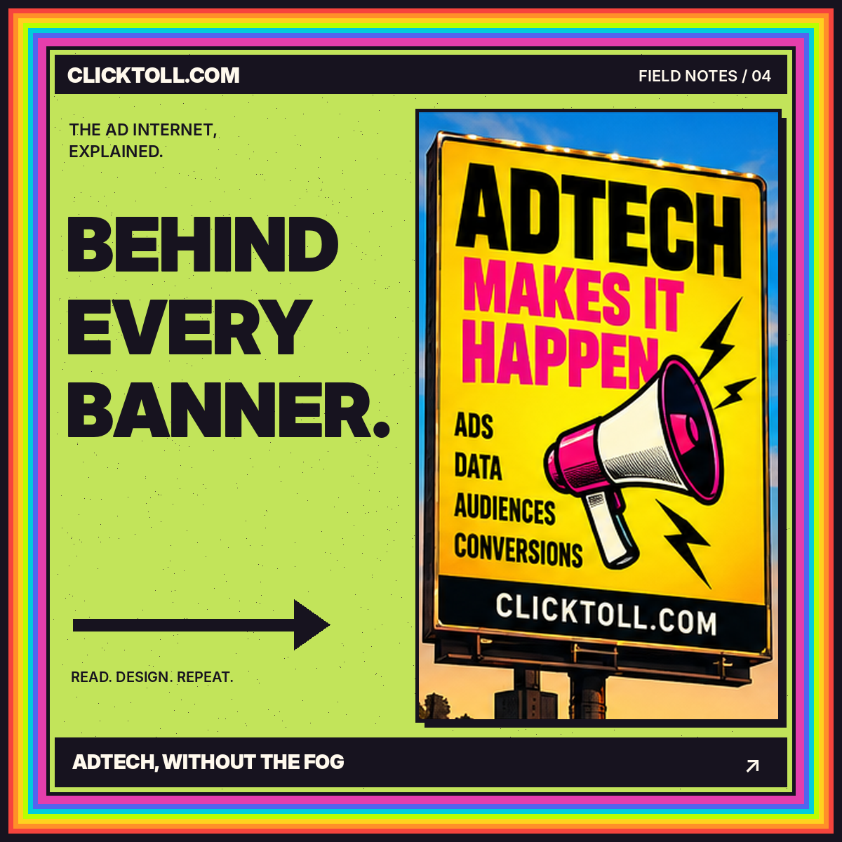 Rainbow vintage billboard illustration: Follow an impression through the adtech stack.
