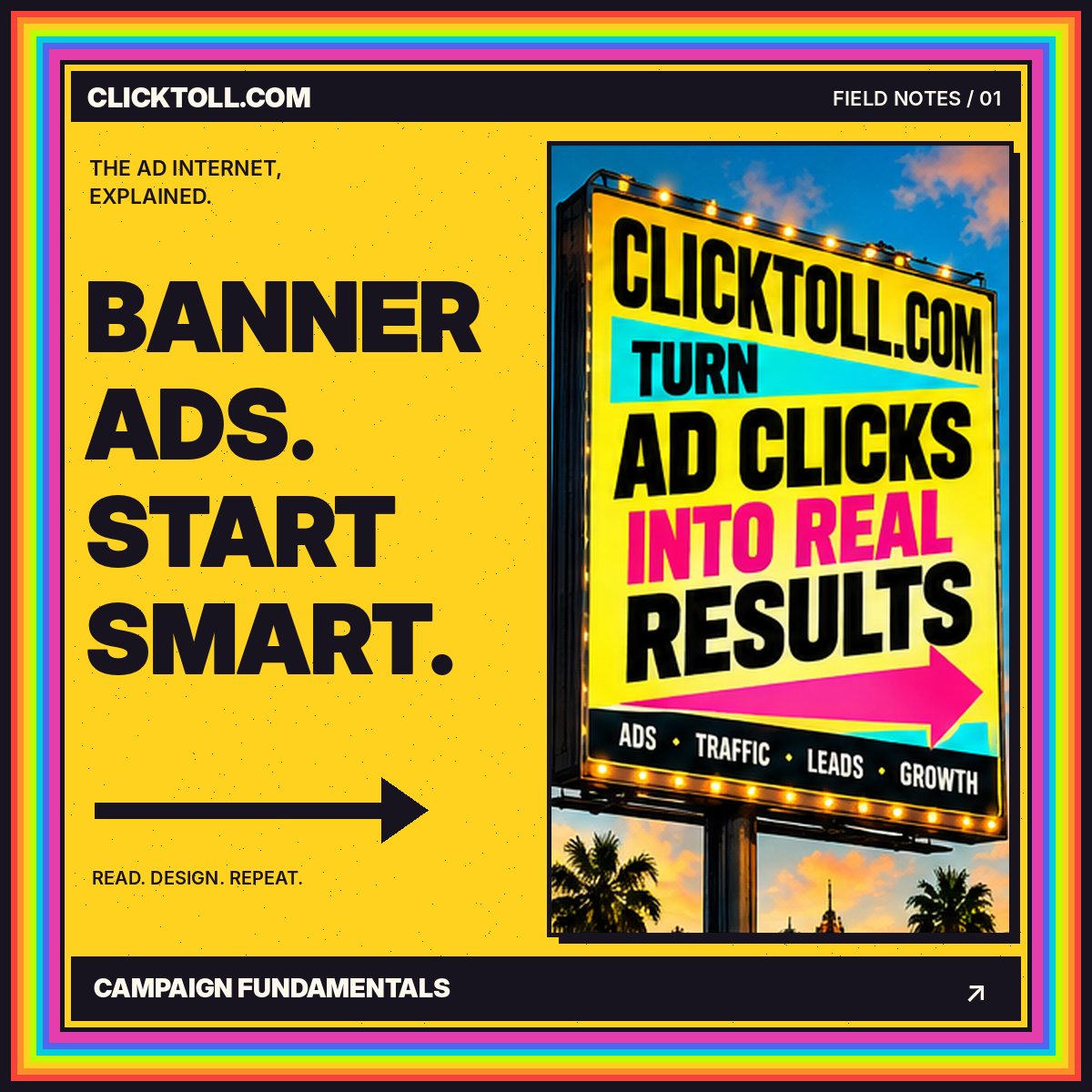 Vintage rainbow billboard artwork: banner ads, start smart.