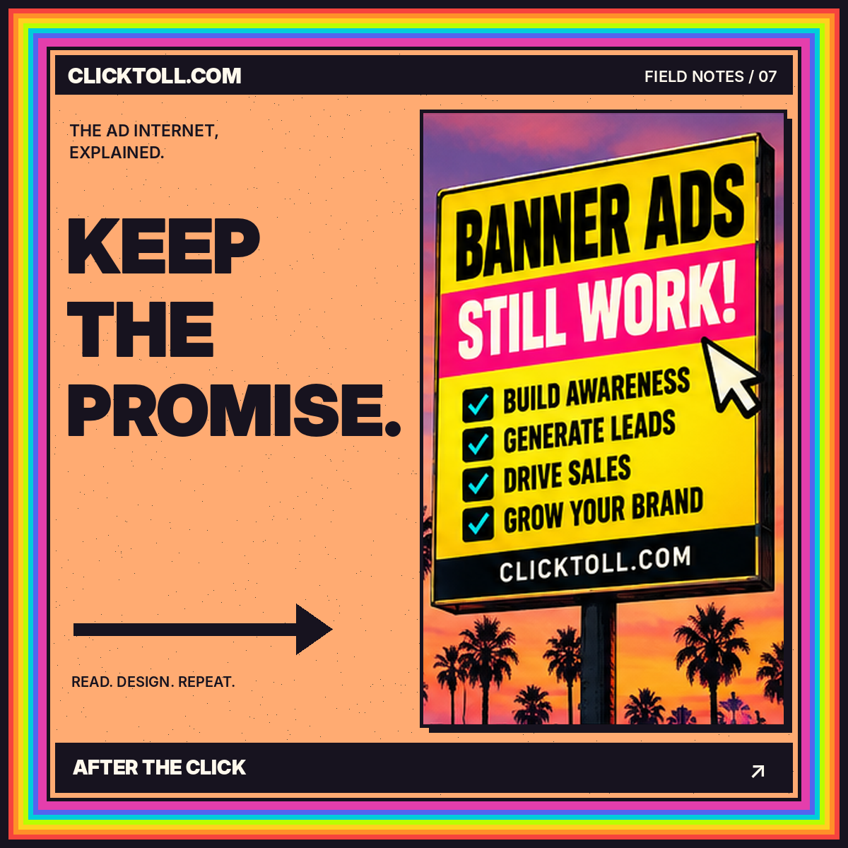 Rainbow vintage billboard illustration: Make the destination worth the click.