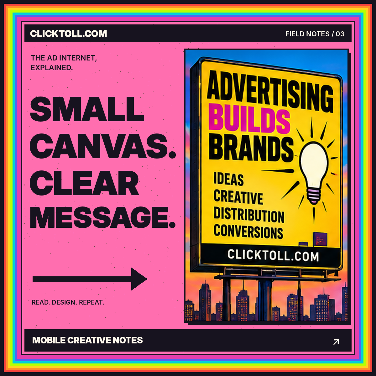 Rainbow vintage billboard illustration: Think smaller. Communicate better.